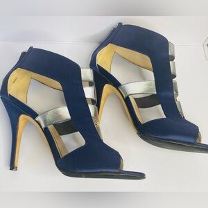 Fendi Navy Satin High Heel Sandals with Silver Metallic Straps